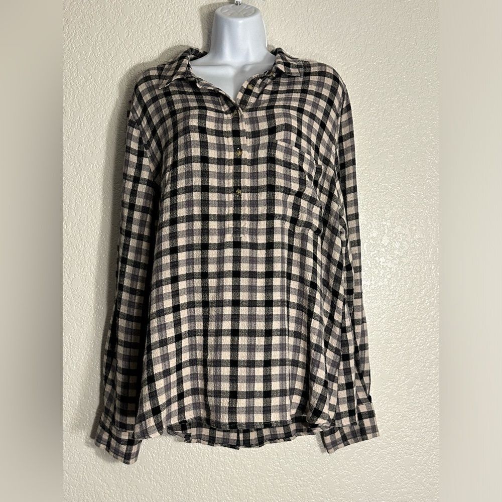 Pistola Check Popover Top Blouse Size Medium Black Cream Gray NWOT XL‎